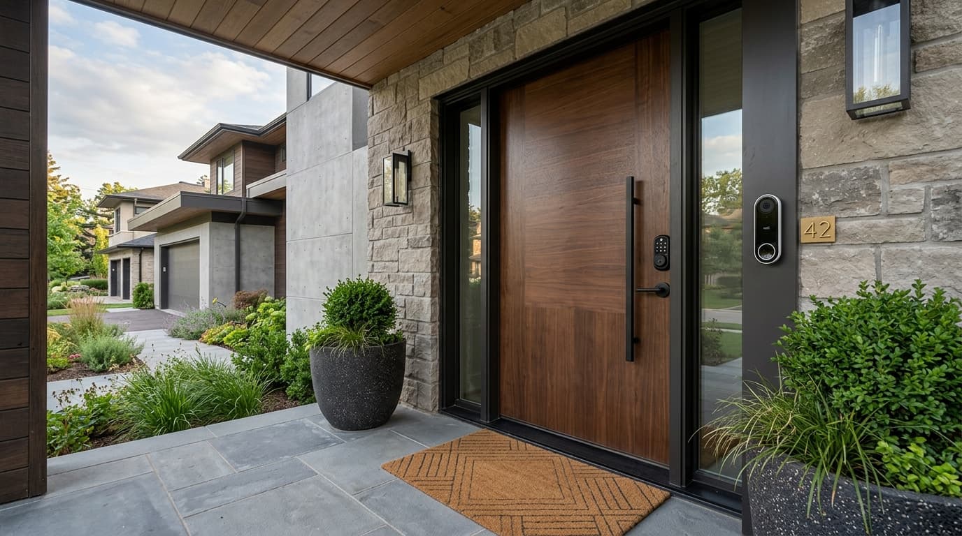 Sleek video doorbell and smart lock on a luxury front door